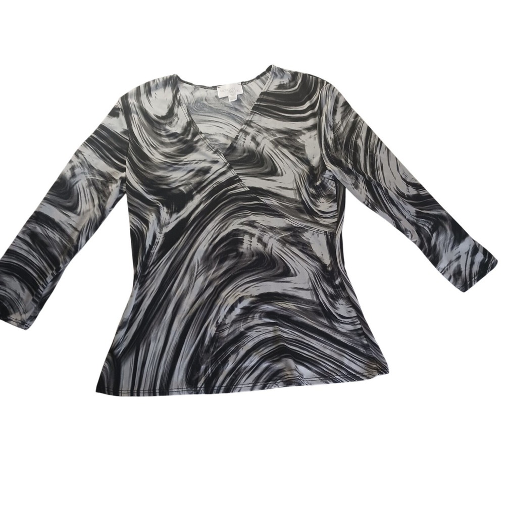 Morgan Taylor Marble Print Top L Surreal Swirl Black Gray‎ Made in USA Modern